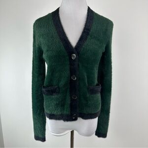 Ann Taylor Green Navy Fuzzy Soft Button Down Cardigan Sweater Size Small